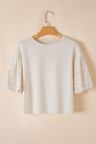 Pearl Detail Round Neck Half Sleeve Blouse.