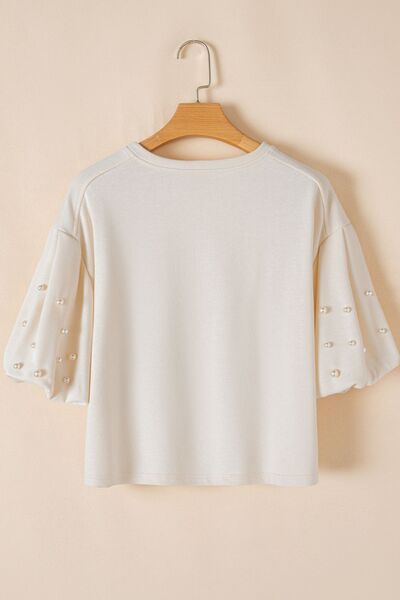Pearl Detail Round Neck Half Sleeve Blouse.