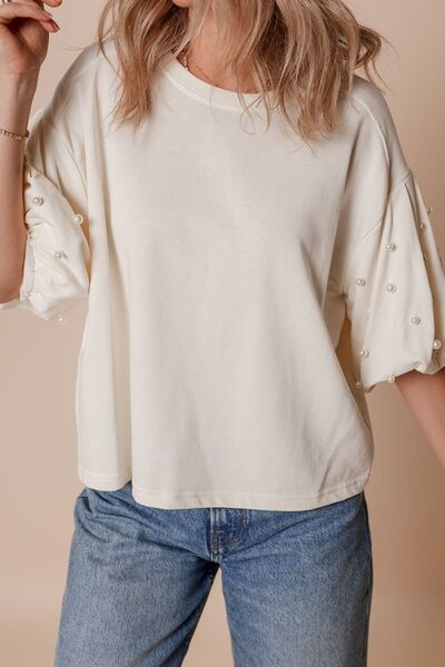 Pearl Detail Round Neck Half Sleeve Blouse.