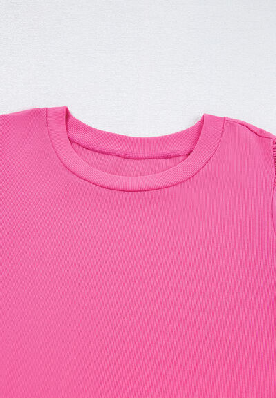 Pearl Detail Round Neck Puff Sleeve Blouse.