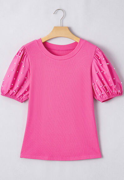 Pearl Detail Round Neck Puff Sleeve Blouse.