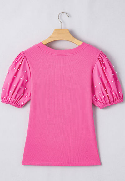 Pearl Detail Round Neck Puff Sleeve Blouse.
