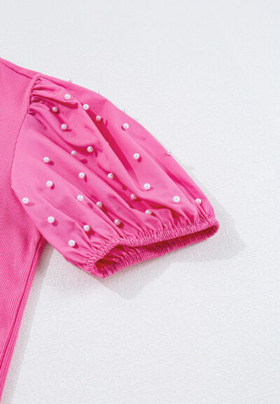 Pearl Detail Round Neck Puff Sleeve Blouse.