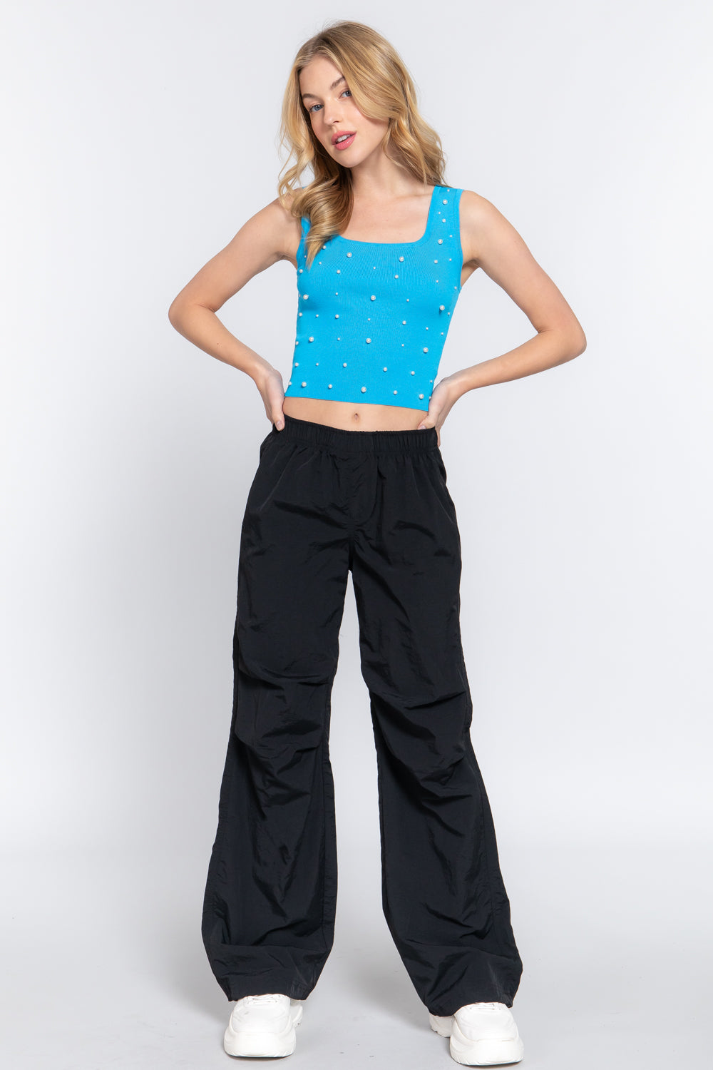 Pearl detail square neck cropped tank, opaque and slightly stretchy.