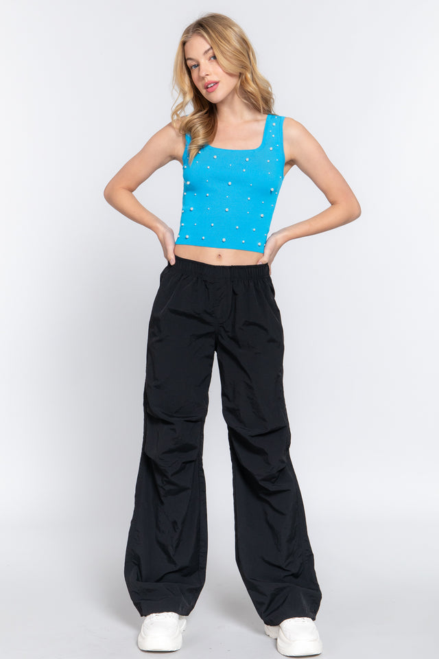 Pearl detail square neck cropped tank, opaque and slightly stretchy.