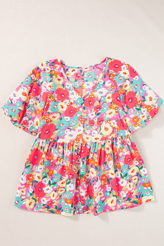 Peplum Floral V-Neck Short Sleeve Blouse.