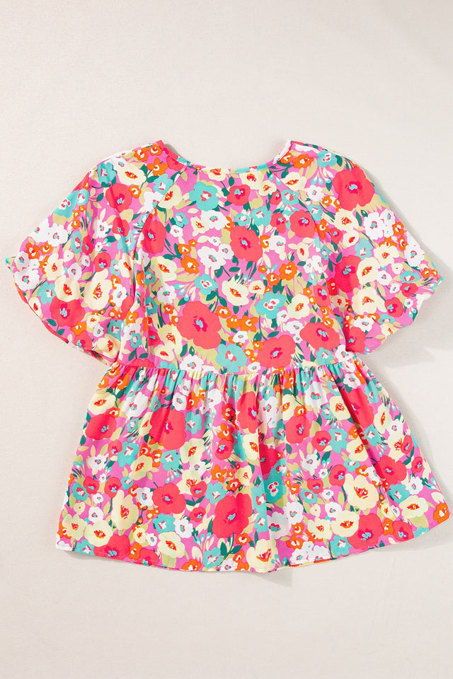 Peplum Floral V-Neck Short Sleeve Blouse.
