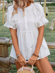 Peplum Round Neck Flounce Sleeve Blouse with Buttoned and Ruffled.