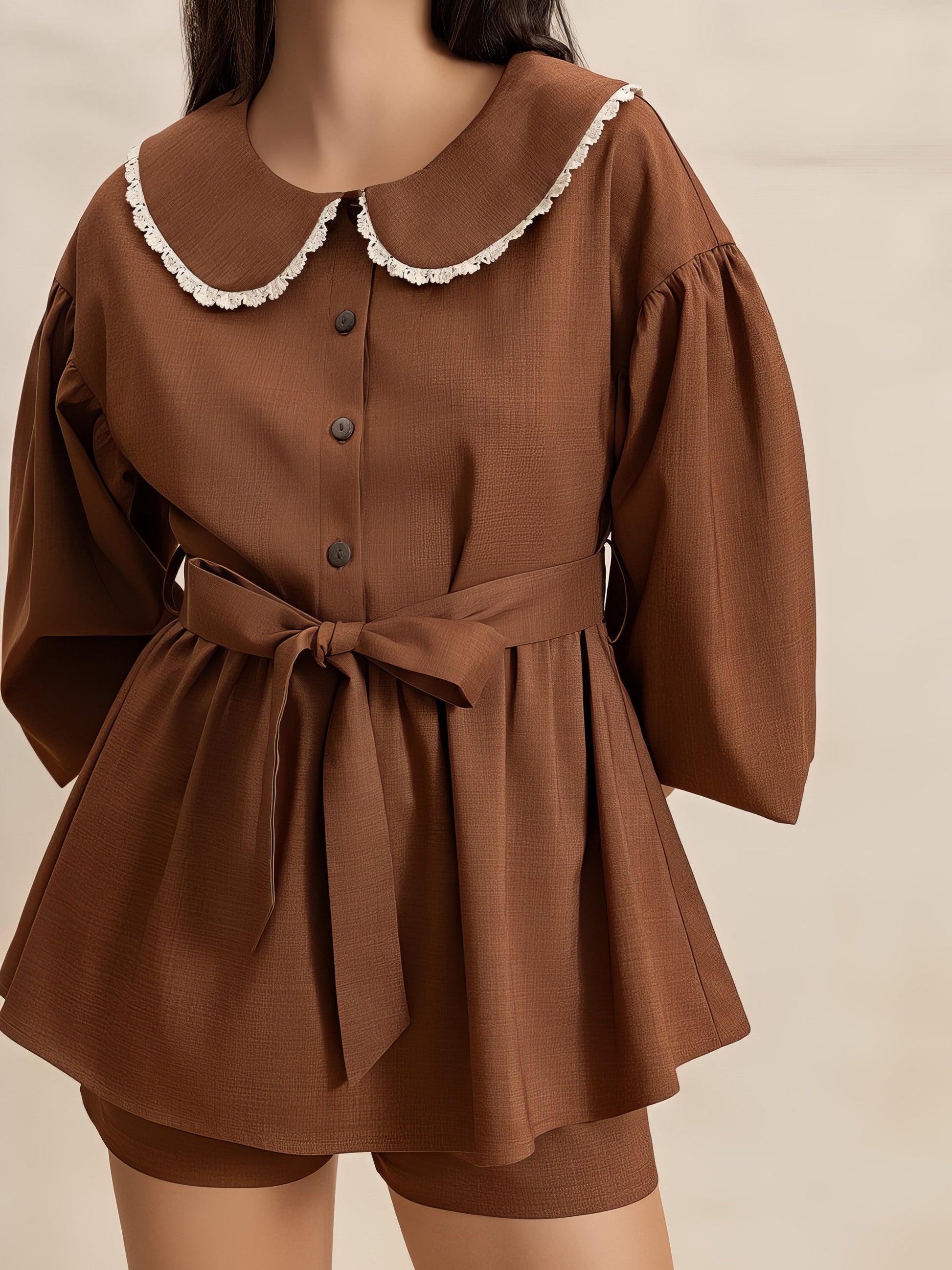 Women's Peter Pan collar balloon sleeve top and shorts set with tie and lace detail