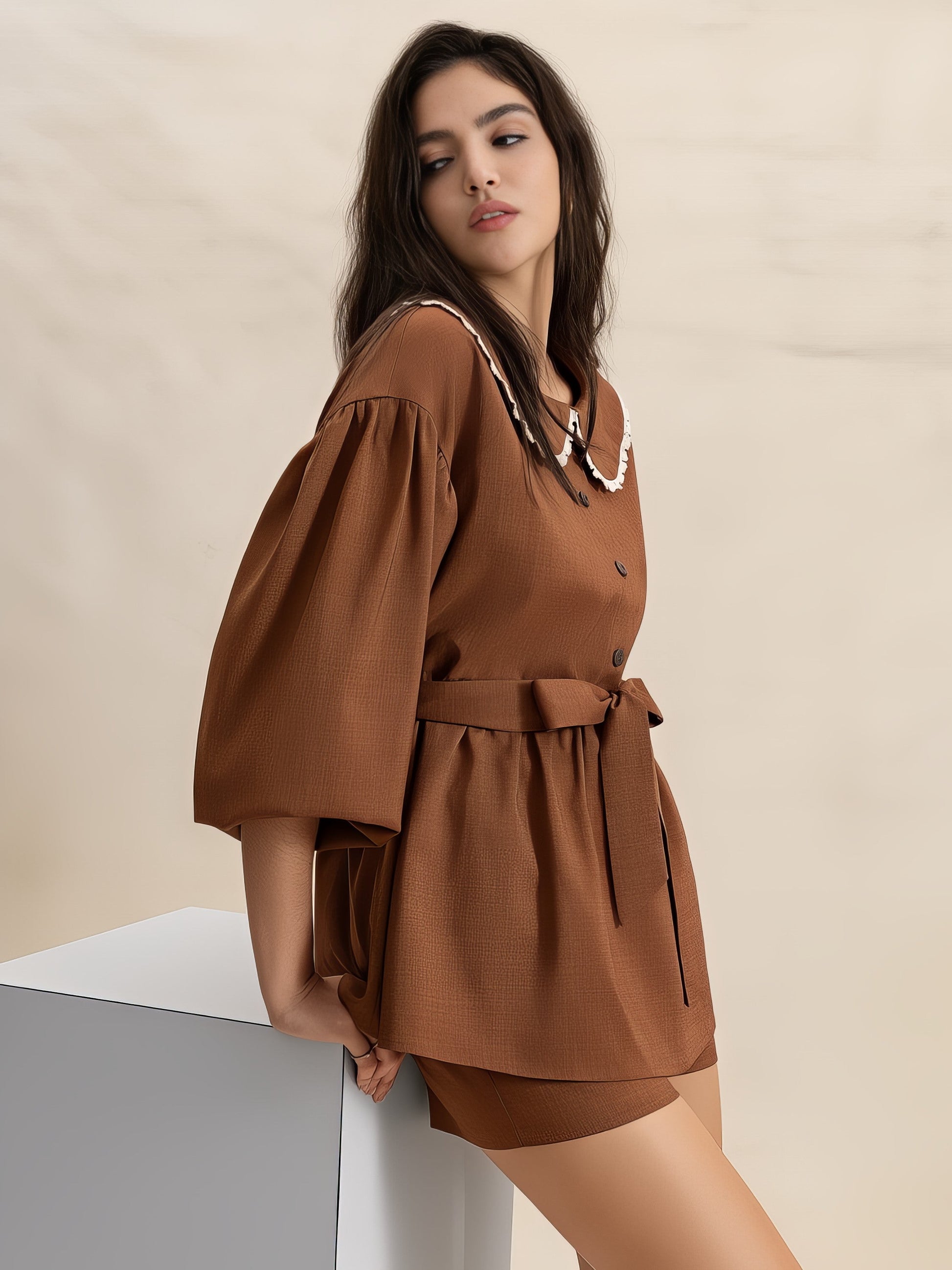 Women's Peter Pan collar balloon sleeve top and shorts set with tie and lace detail