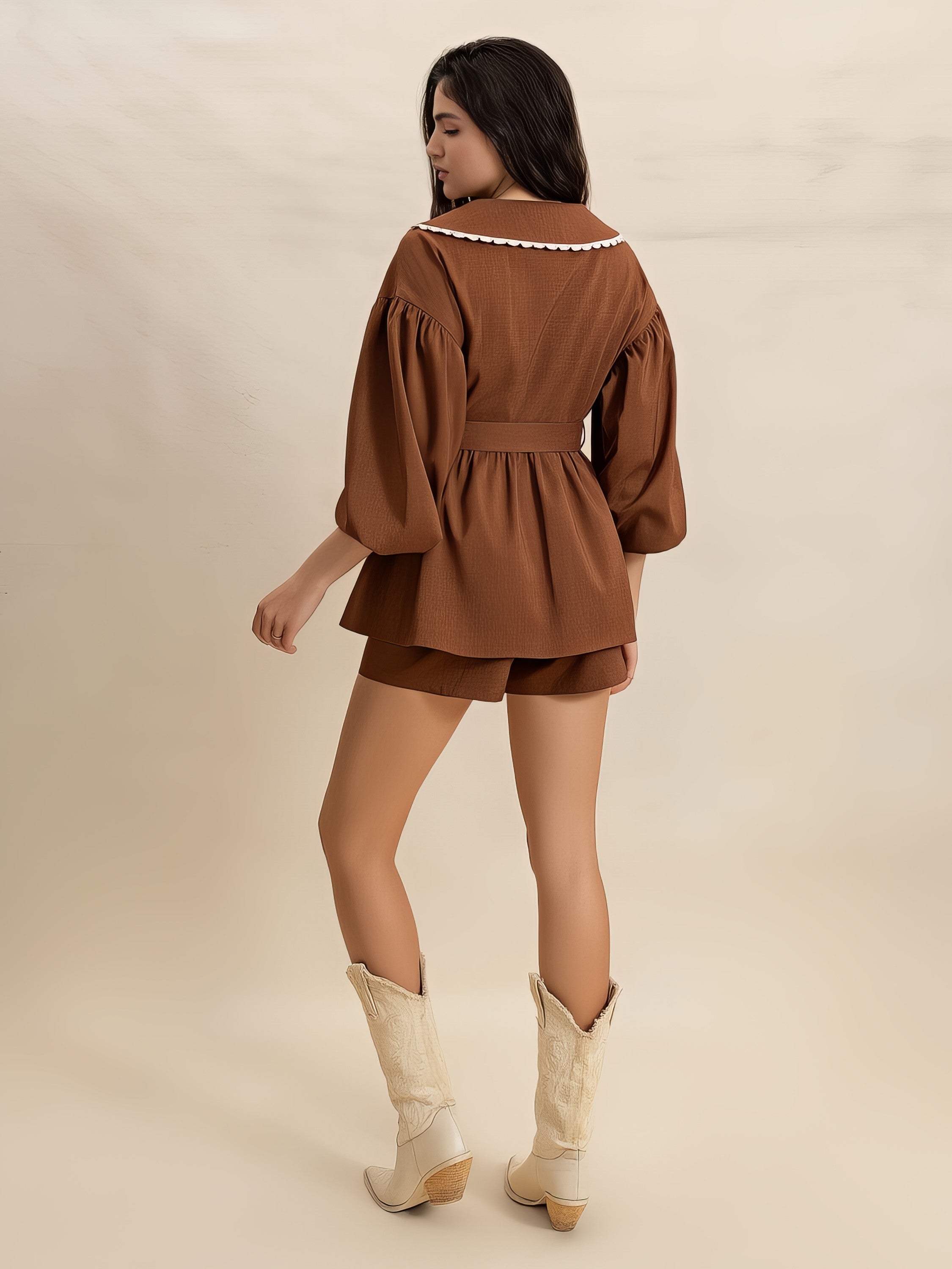 Women's Peter Pan collar balloon sleeve top and shorts set with tie and lace detail