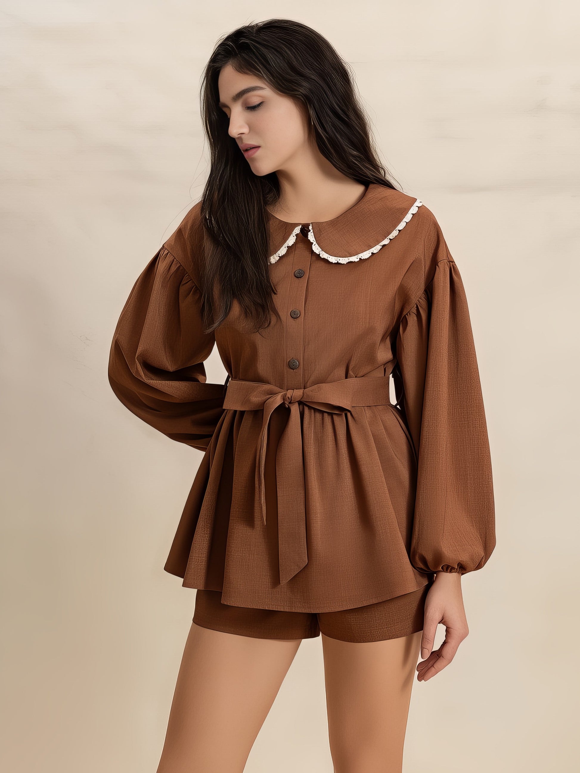 Women's Peter Pan collar balloon sleeve top and shorts set with tie and lace detail