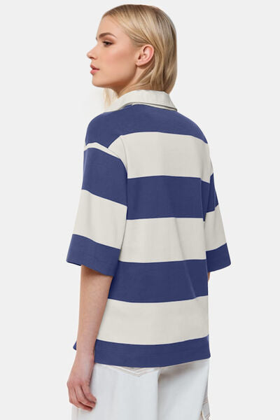 Oh Pima Cotton Wash Color Block Johnny Collar Half Sleeve Top.