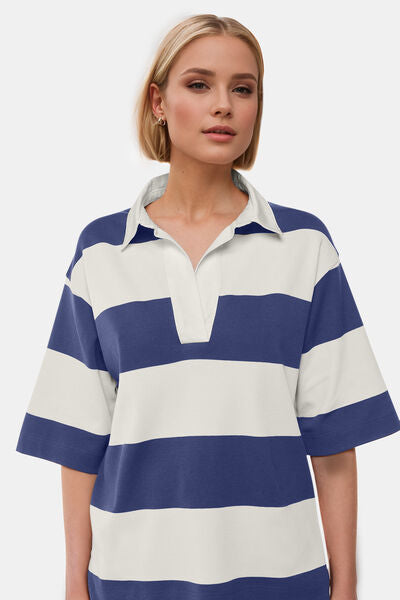 Oh Pima Cotton Wash Color Block Johnny Collar Half Sleeve Top.
