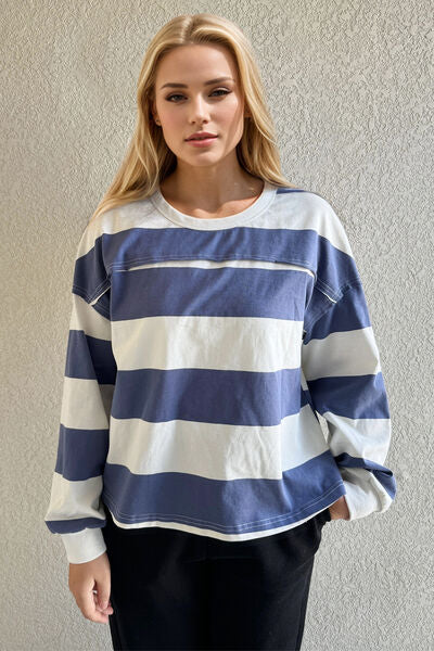Pima Cotton Wash Exposed Seam Contrast Striped Round Neck Long Sleeve T-Shirt