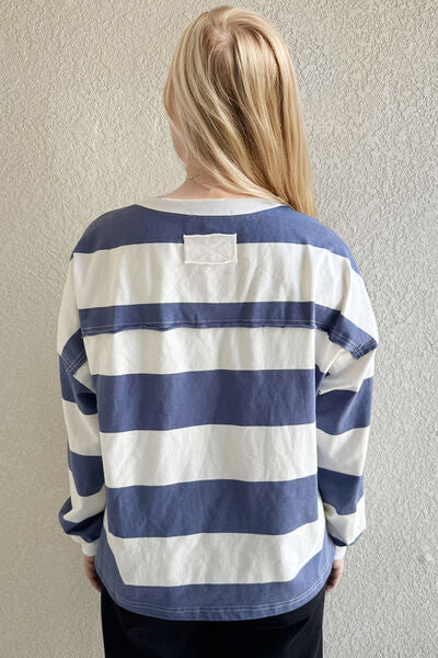 Pima Cotton Wash Exposed Seam Contrast Striped Round Neck Long Sleeve T-Shirt