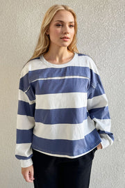 Pima Cotton Wash Exposed Seam Contrast Striped Round Neck Long Sleeve T-Shirt