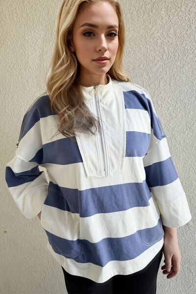 Oh Pima Cotton Wash Striped Half Zip Mock Neck Long Sleeve Top.