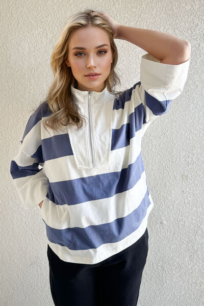 Oh Pima Cotton Wash Striped Half Zip Mock Neck Long Sleeve Top.