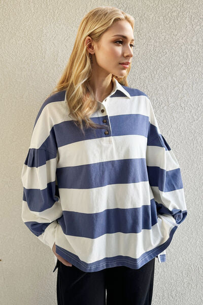 Oh Pima Cotton Wash Wide Striped Collared Neck Long Sleeve Top.