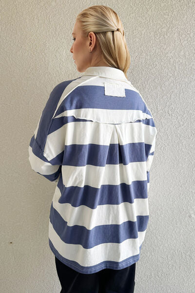 Oh Pima Cotton Wash Wide Striped Collared Neck Long Sleeve Top.