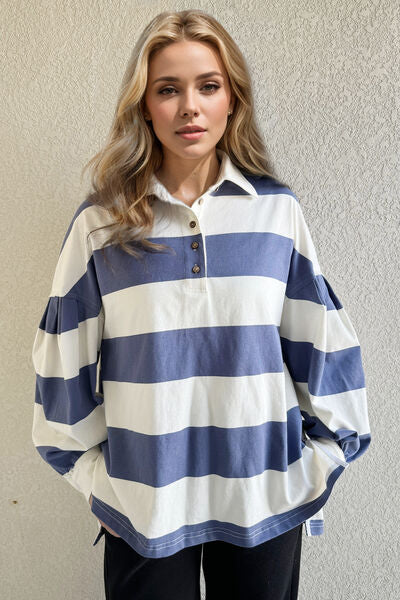 Oh Pima Cotton Wash Wide Striped Collared Neck Long Sleeve Top.