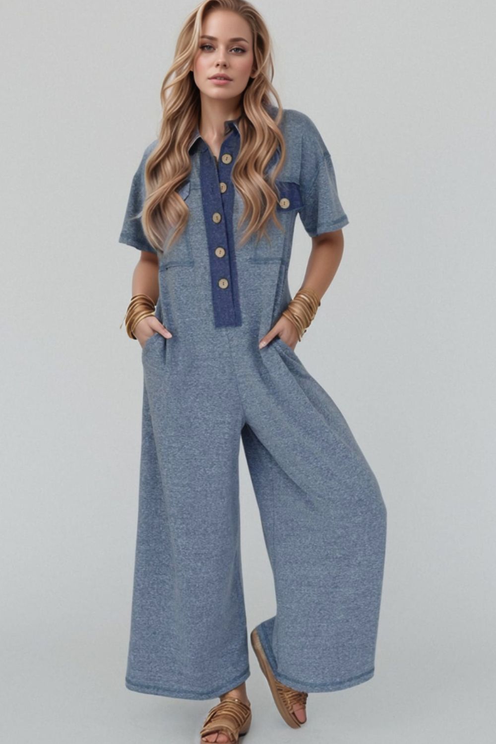 Placket Chest Pockets Short Sleeve Wide Leg Jumpsuit with Buttons.