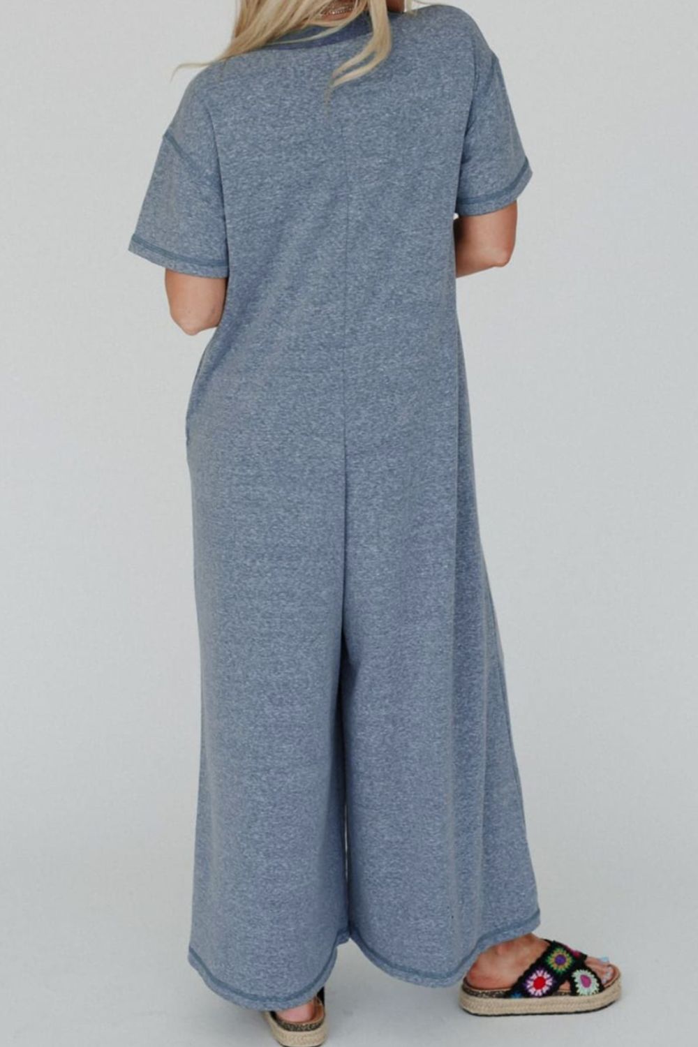 Placket Chest Pockets Short Sleeve Wide Leg Jumpsuit with Buttons.