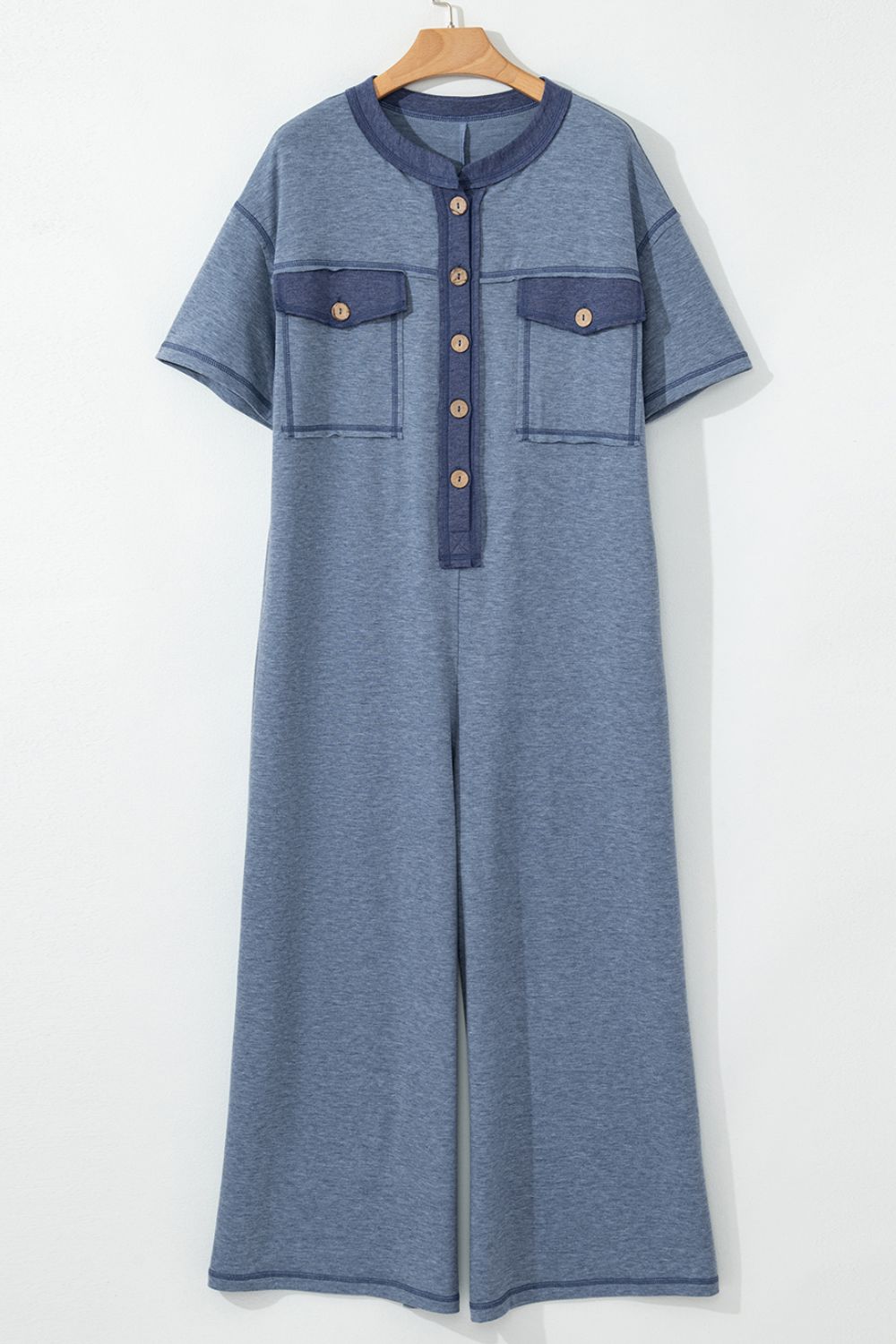 Placket Chest Pockets Short Sleeve Wide Leg Jumpsuit with Buttons.