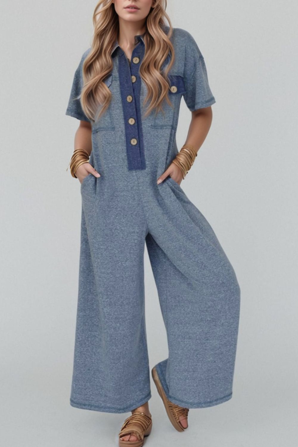 Tie V Neck Pintuck Sleeveless Loose Romper.