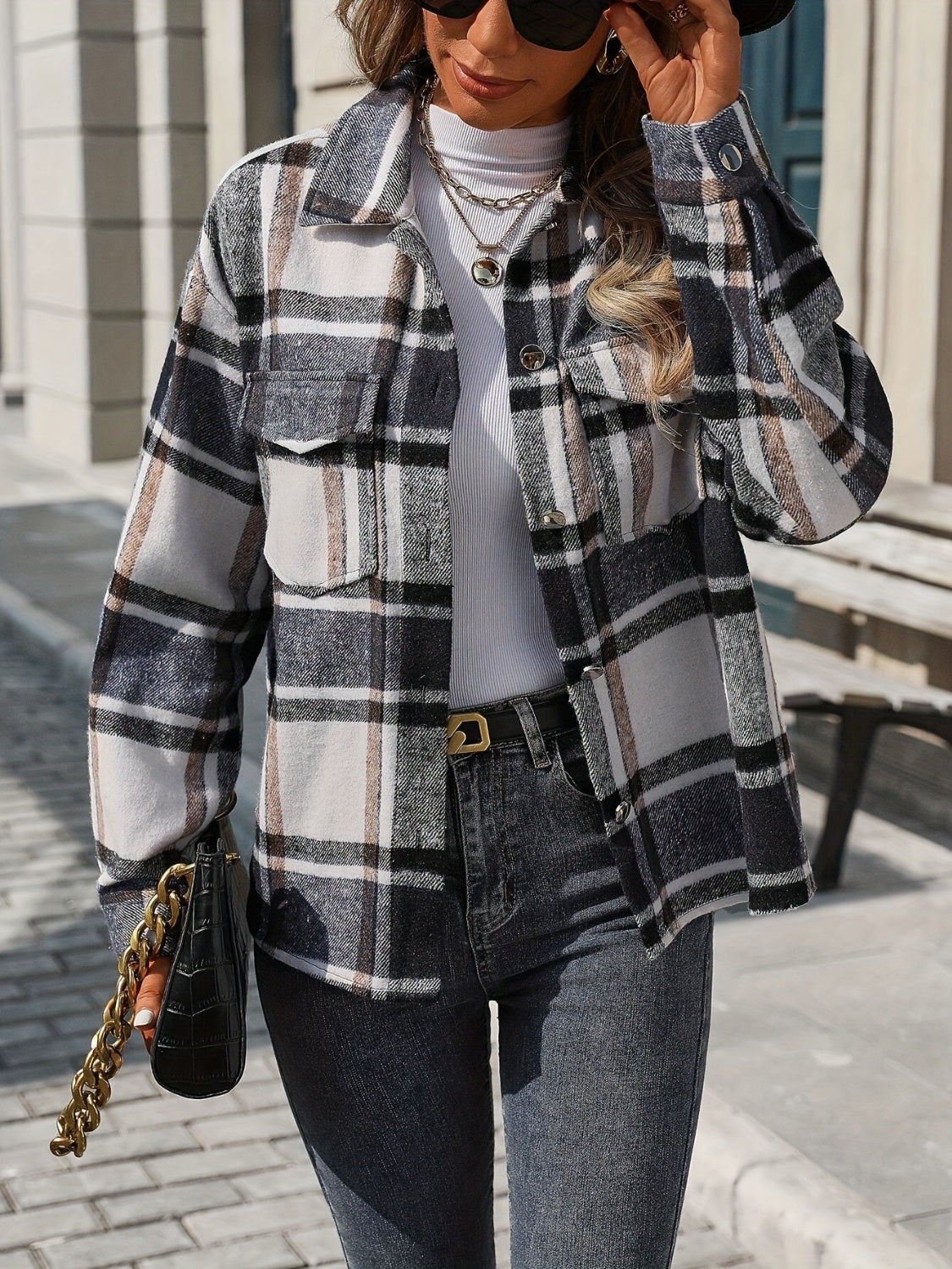 Plaid button up drop shoulder jacket.