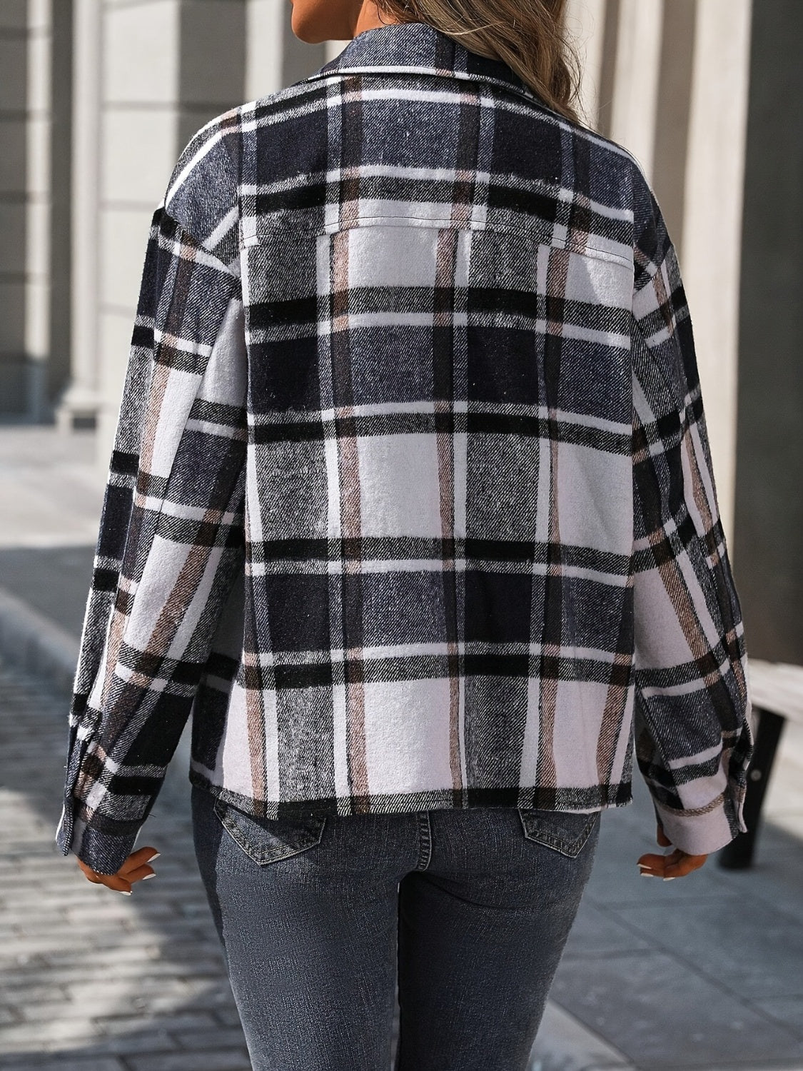 Plaid button up drop shoulder jacket.