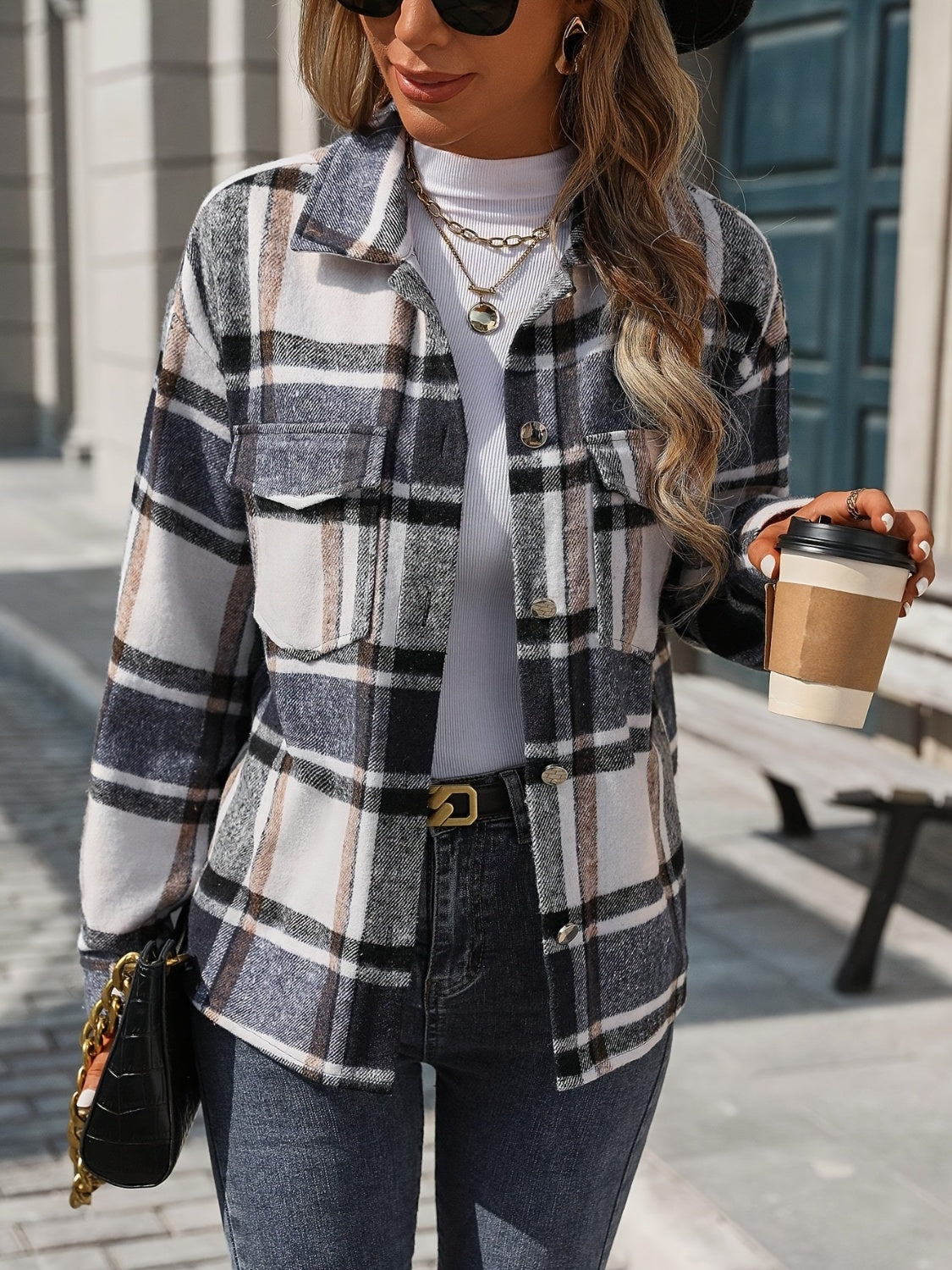 Plaid button up drop shoulder jacket.
