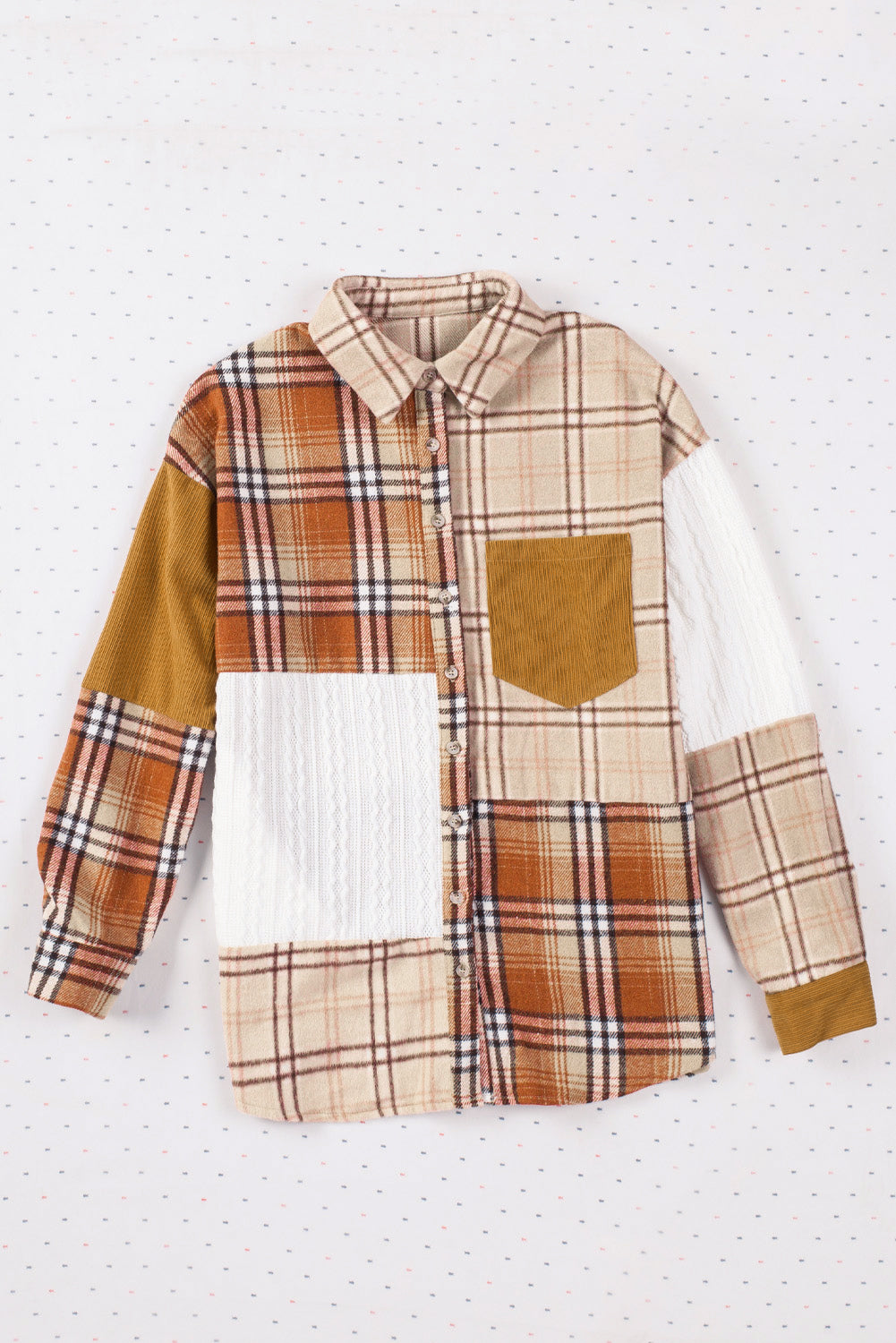 Plaid button up long sleeve shacket with pockets.