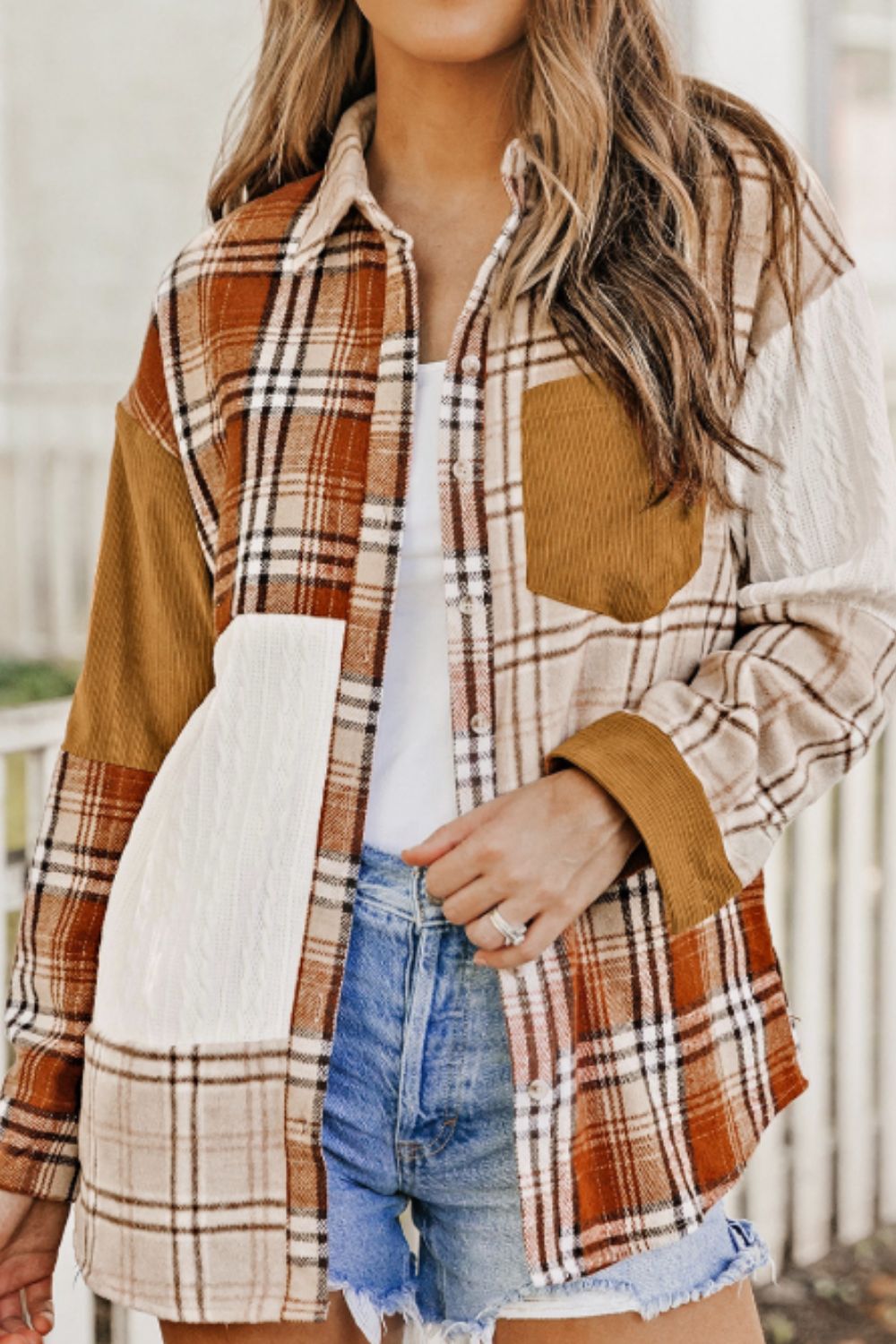 Plaid button up long sleeve shacket with pockets.
