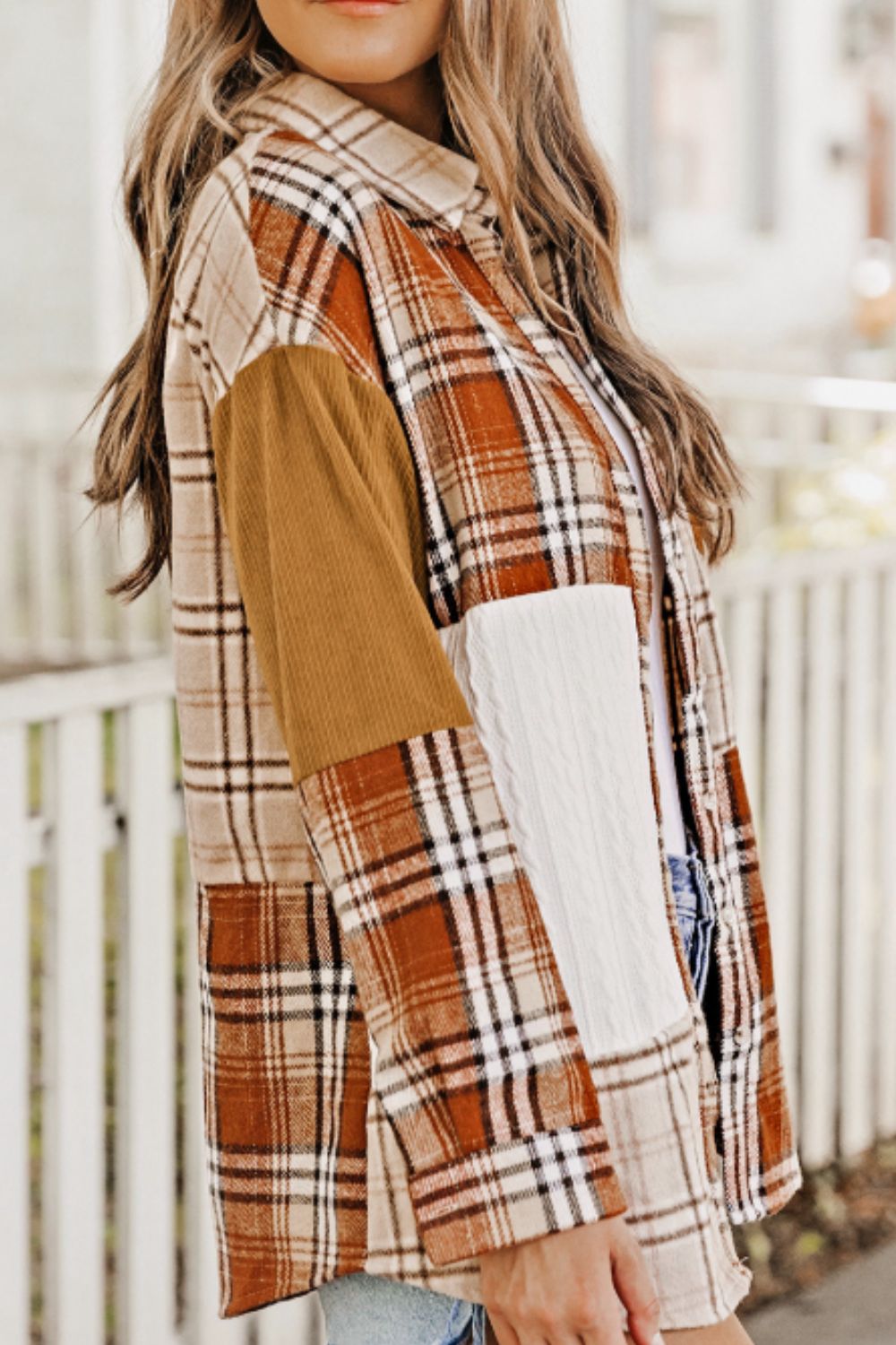 Plaid button up long sleeve shacket with pockets.