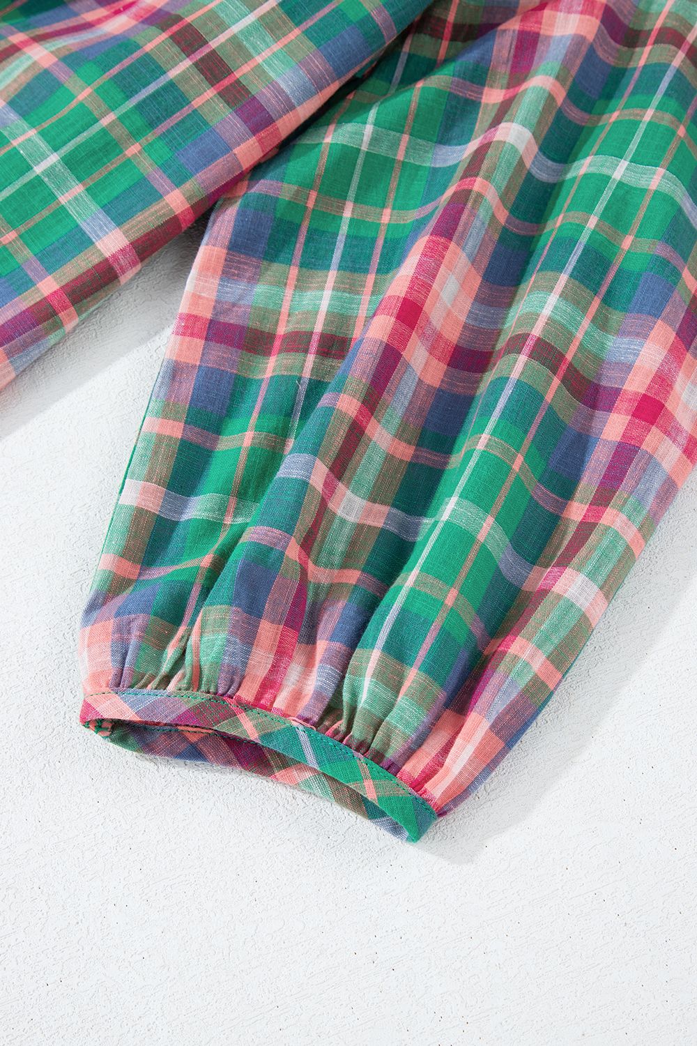 Plaid Collared Neck Three-Quarter Sleeve Shirt.