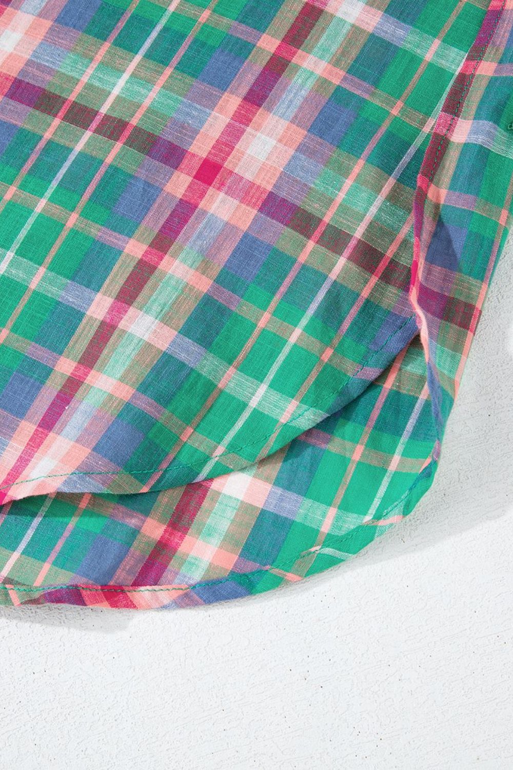 Plaid Collared Neck Three-Quarter Sleeve Shirt.