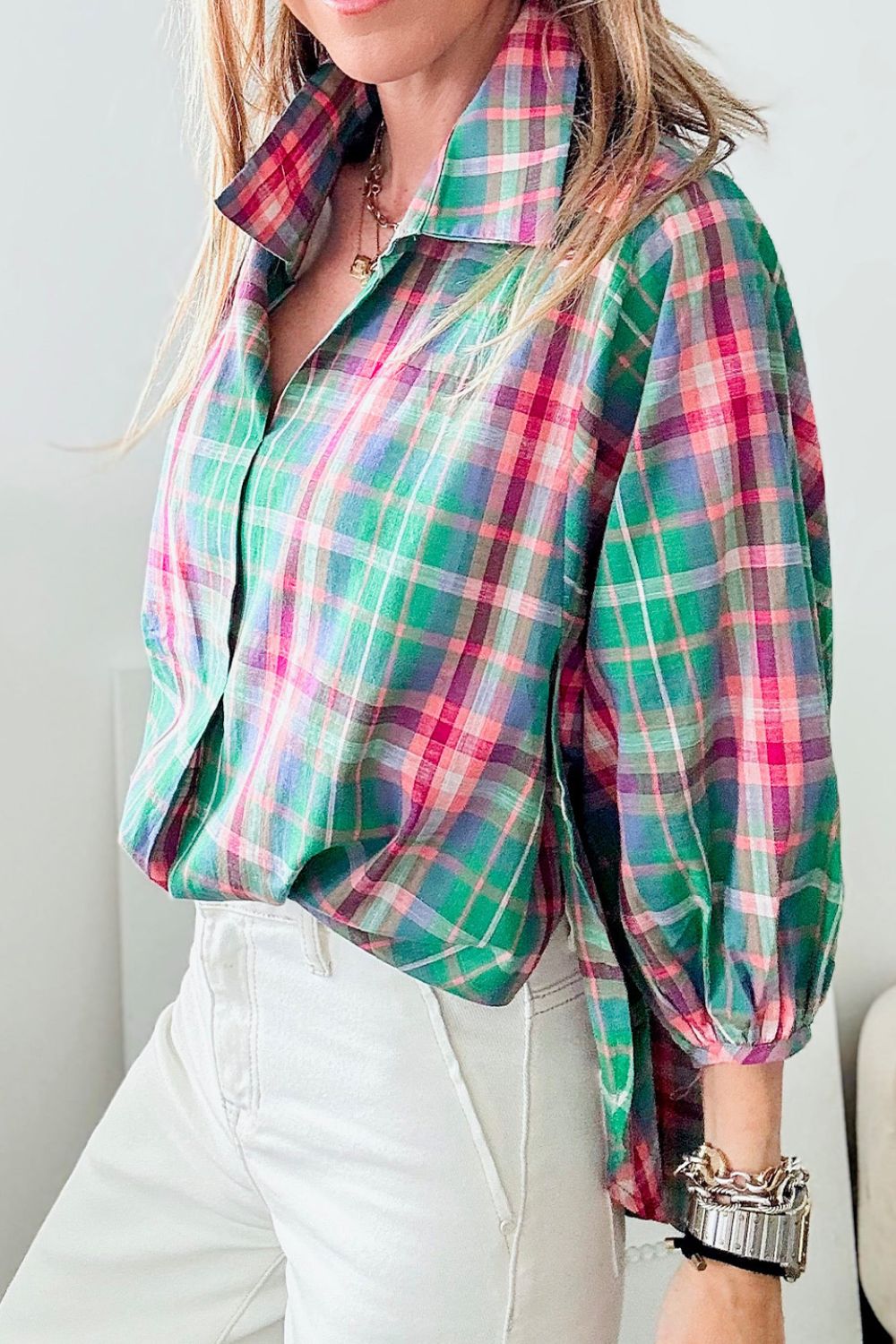 Plaid Collared Neck Three-Quarter Sleeve Shirt.