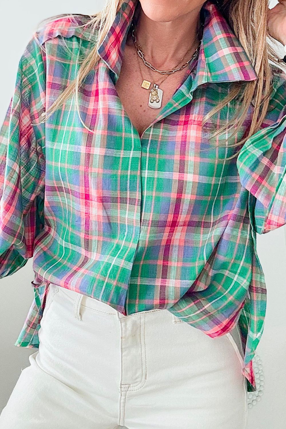 Plaid Collared Neck Three-Quarter Sleeve Shirt.