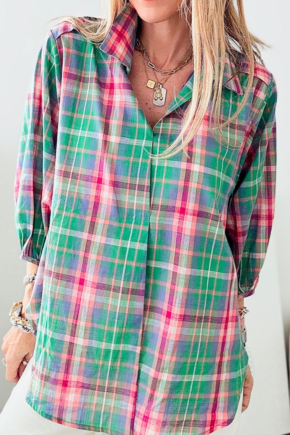 Plaid Collared Neck Three-Quarter Sleeve Shirt.