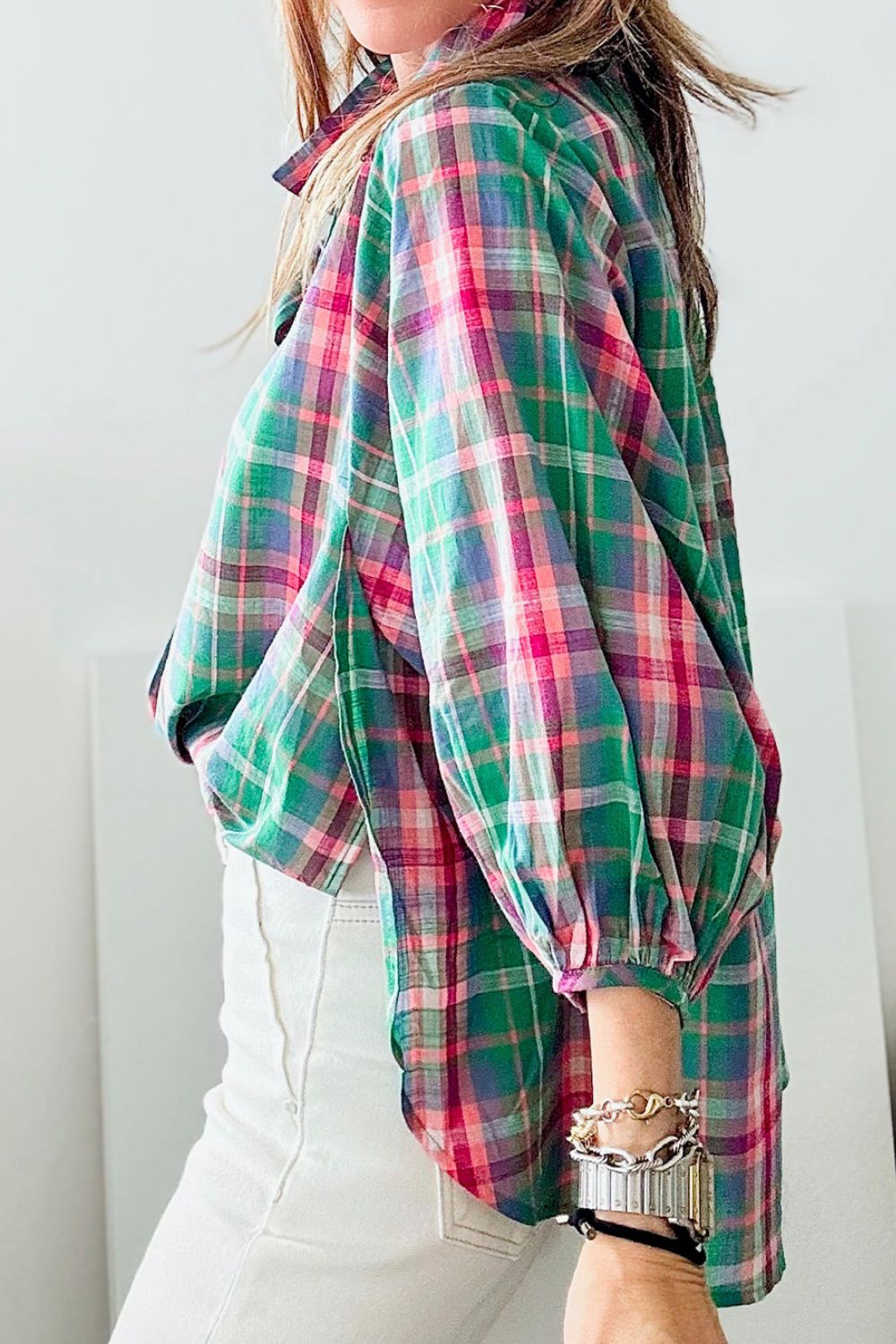 Plaid Collared Neck Three-Quarter Sleeve Shirt.
