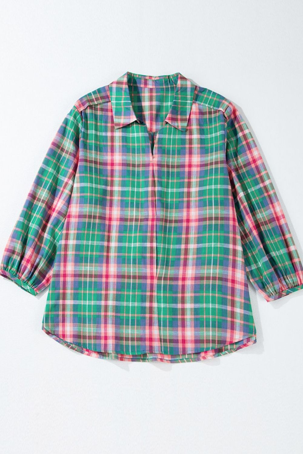 Plaid Collared Neck Three-Quarter Sleeve Shirt.