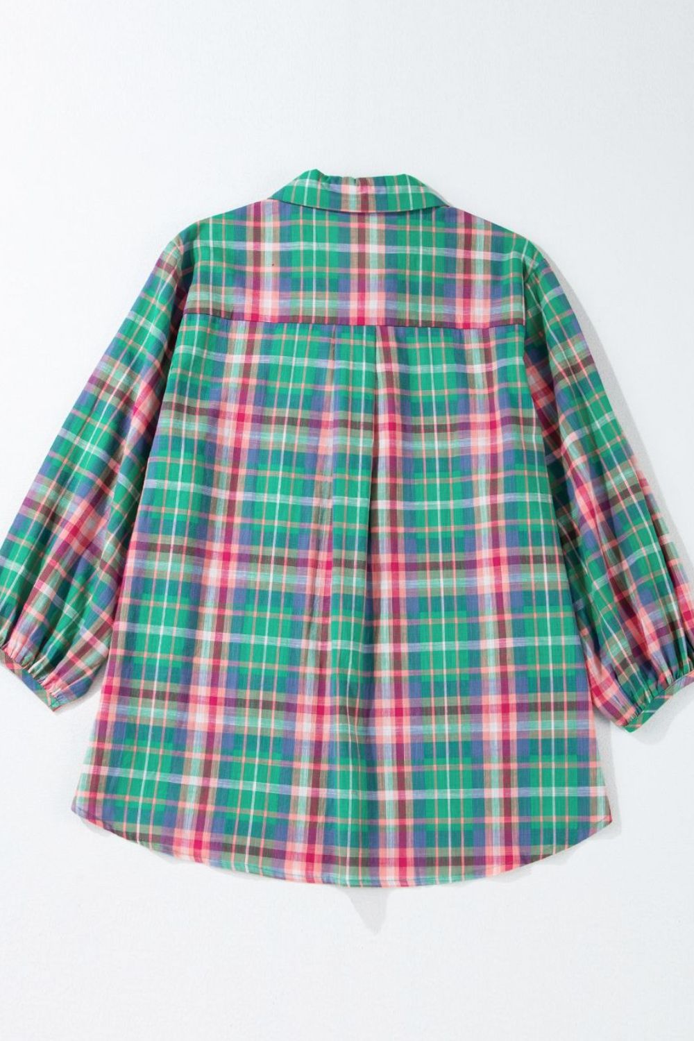 Plaid Collared Neck Three-Quarter Sleeve Shirt.