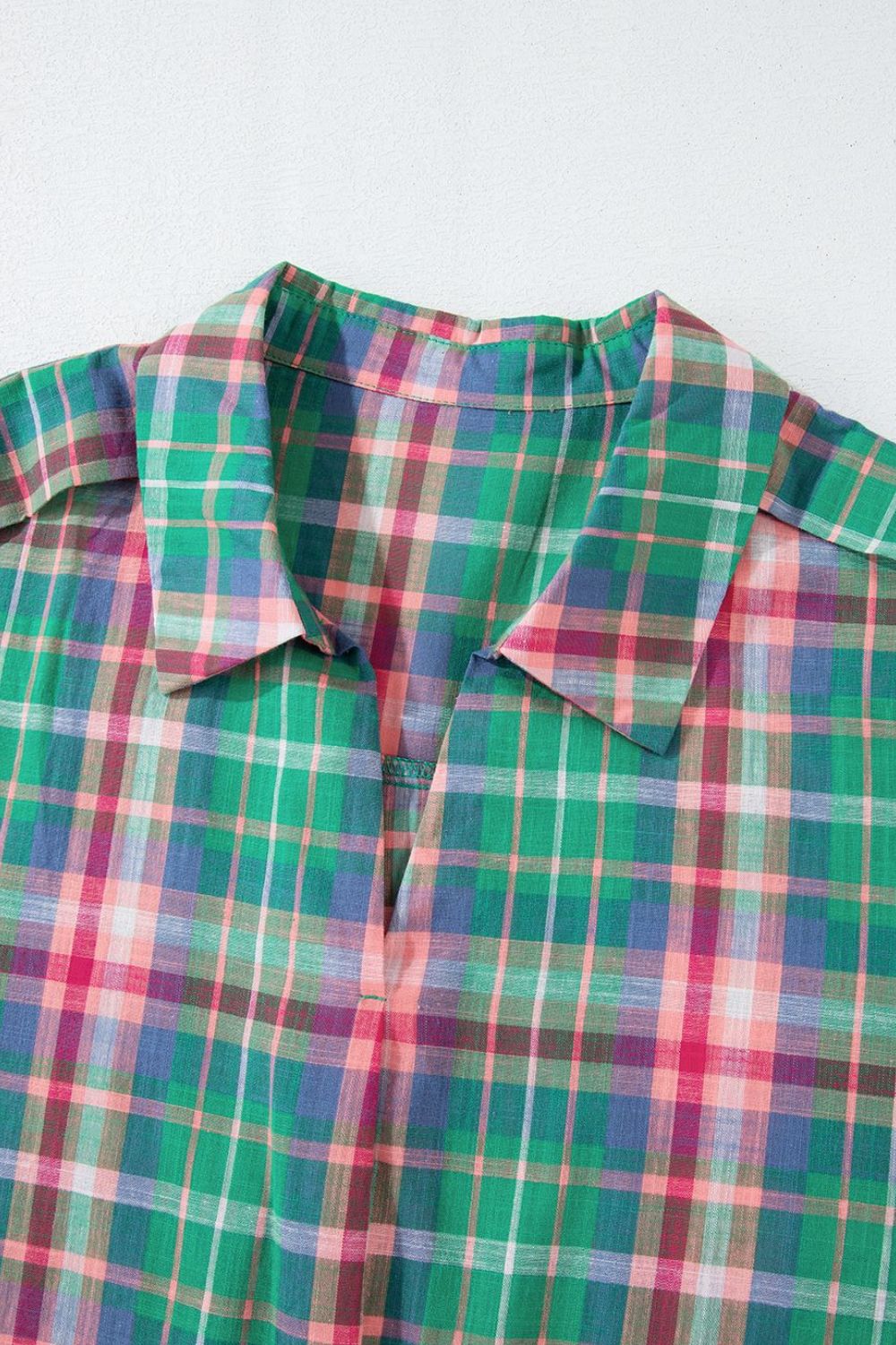 Plaid Collared Neck Three-Quarter Sleeve Shirt.