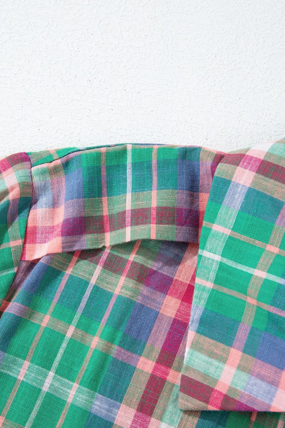 Plaid Collared Neck Three-Quarter Sleeve Shirt.
