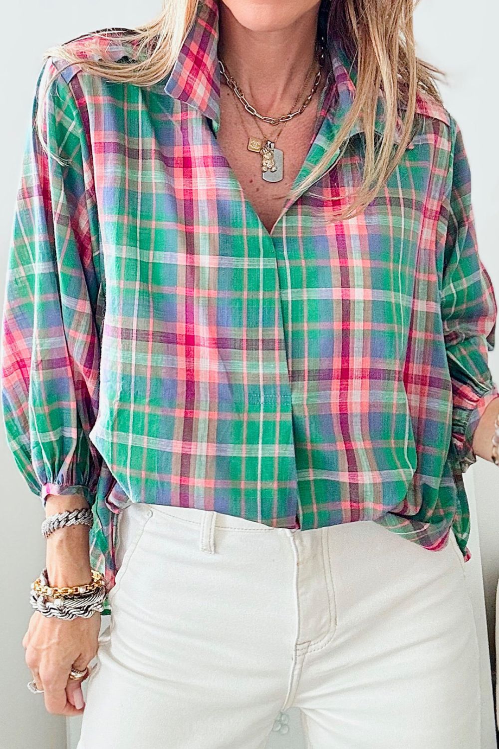 Plaid Collared Neck Three-Quarter Sleeve Shirt.