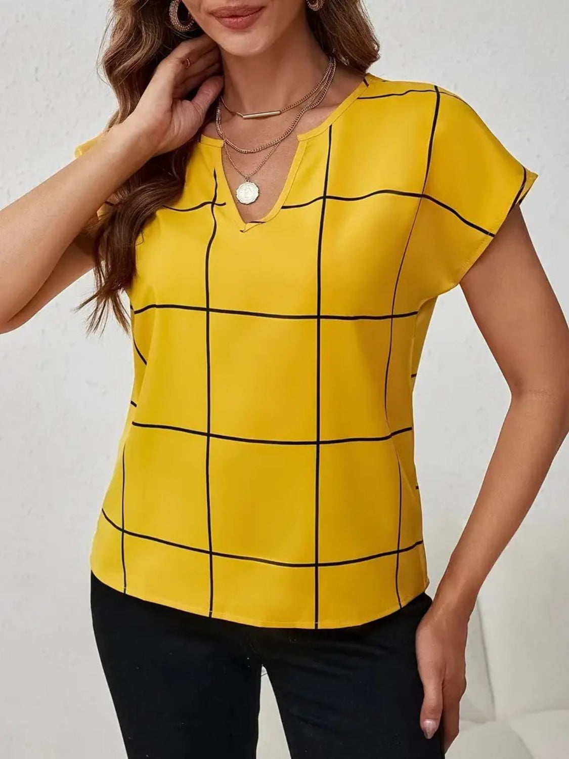 Plaid Contrast Notched Blouse.