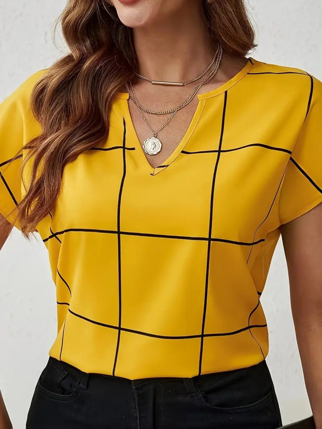 Plaid Contrast Notched Blouse.