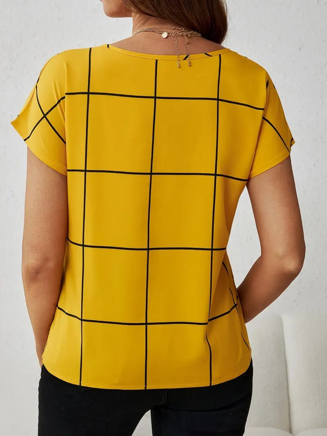 Plaid Contrast Notched Blouse.